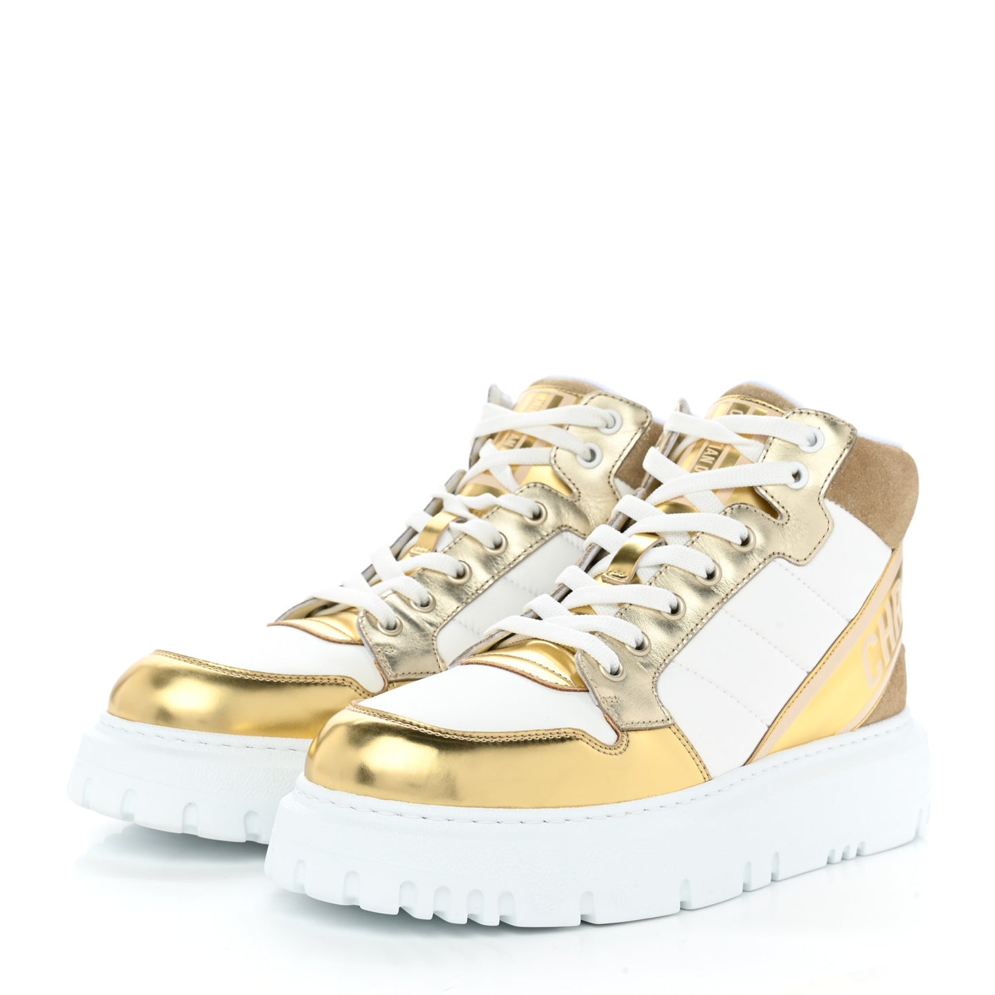 Nylon Laminated Calfskin Womens D-Player High Top Sneakers 39.5 White Gold