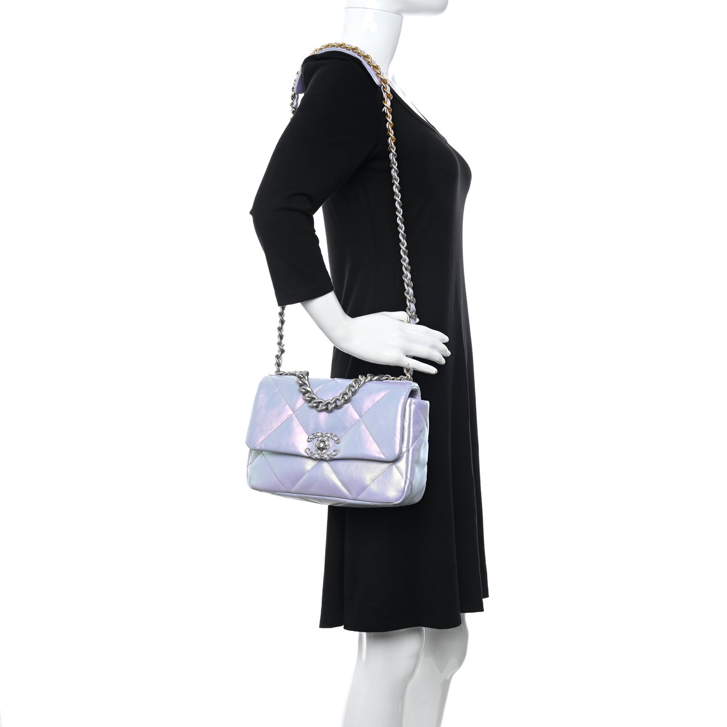 Iridescent Calfskin Quilted Medium Chanel 19 Flap Light Purple Blue