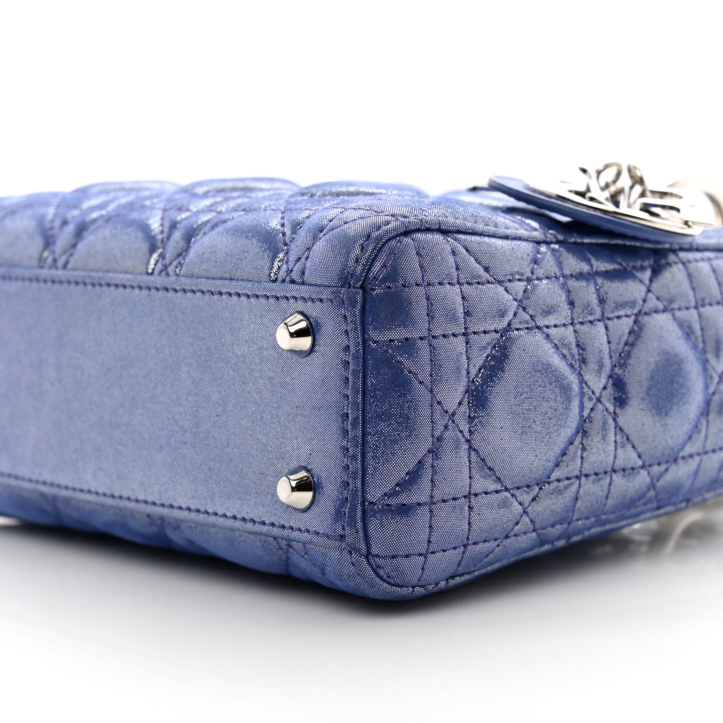 Metallic Lambskin Cannage Mini Lady Dior Dew Bleu