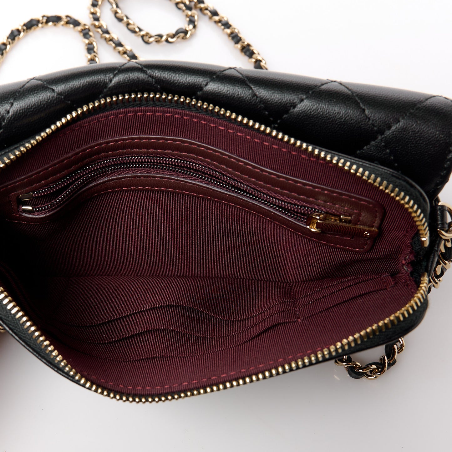 Lambskin Quilted Flap Phone Holder With Chain Black