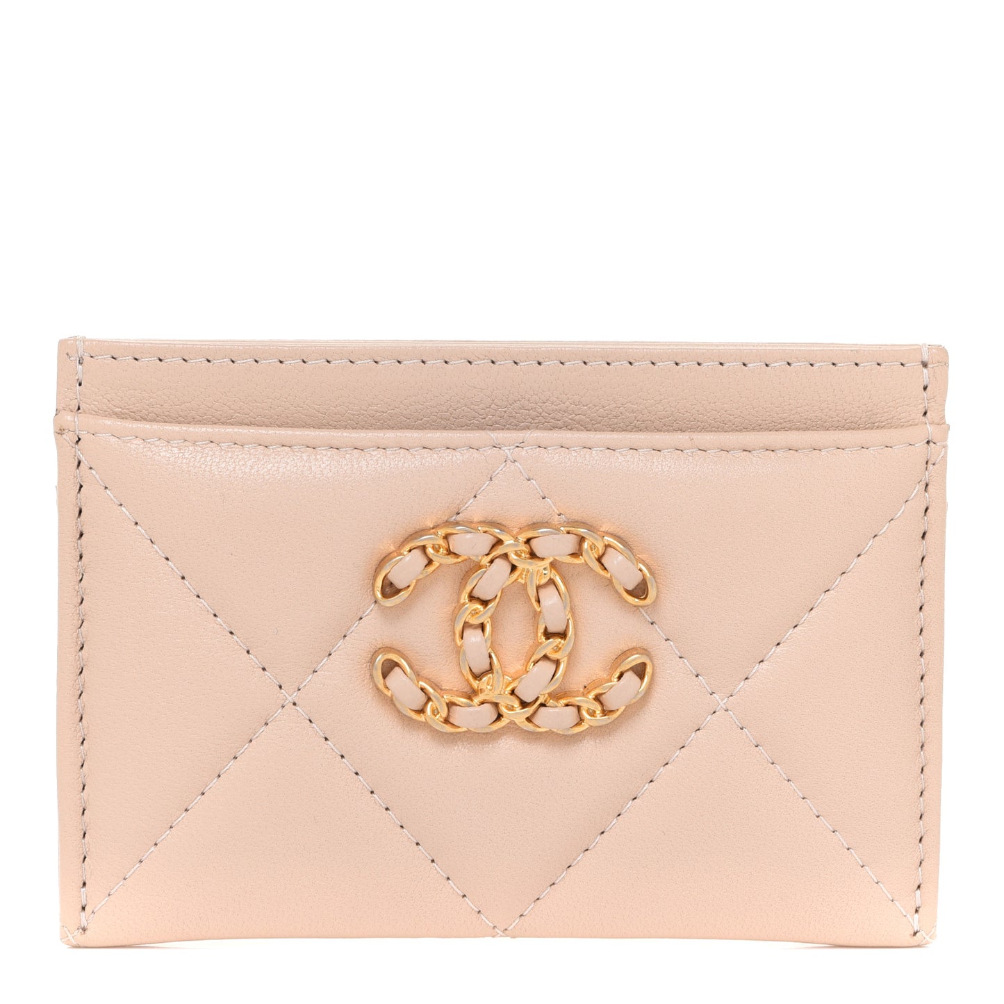 Shiny Goatskin Quilted Chanel 19 Card Holder Beige