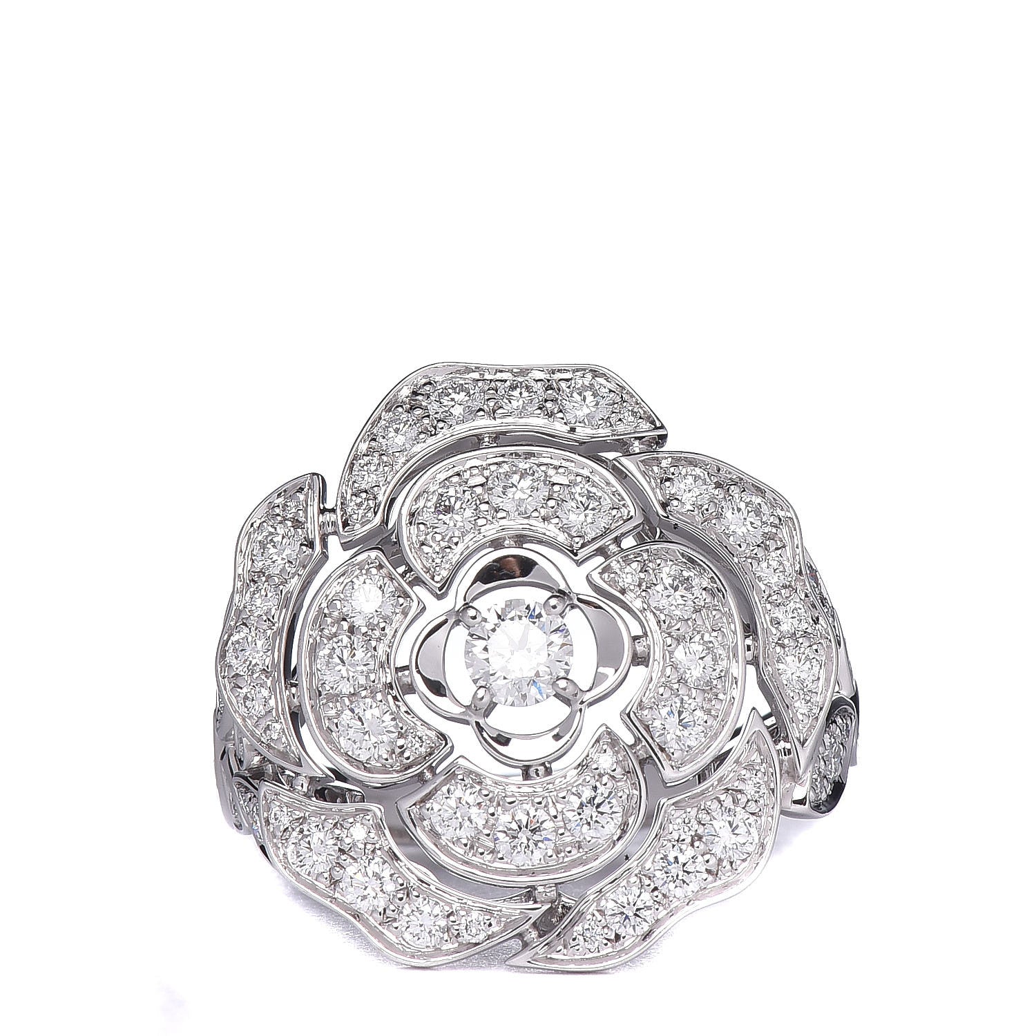 Chanel 18K White Gold Diamond Bouton de Camélia Ring 56 7.5 1 of 6