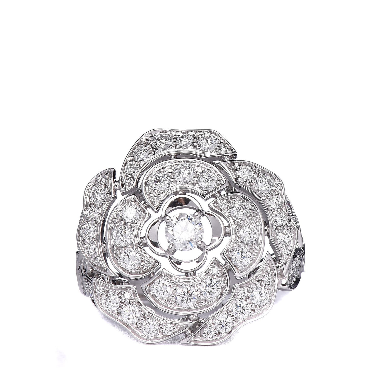 18K White Gold Diamond Bouton de Camélia Ring 56 7.5