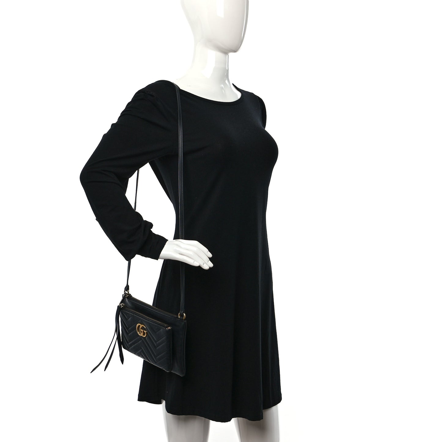 Calfskin Matelasse Small GG Marmont Double Zip Shoulder Bag Black