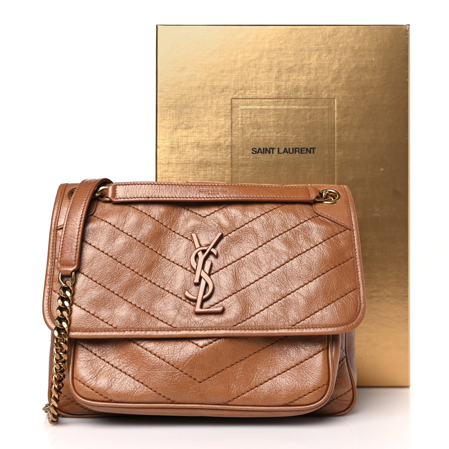 Crinkled Calfskin Matelasse Monogram Medium Niki Chain Satchel Caramel