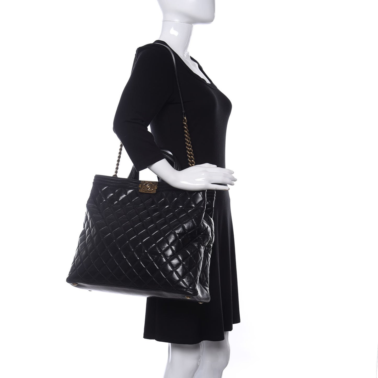 Glazed Calfskin Quilted Large Boy Tote Black