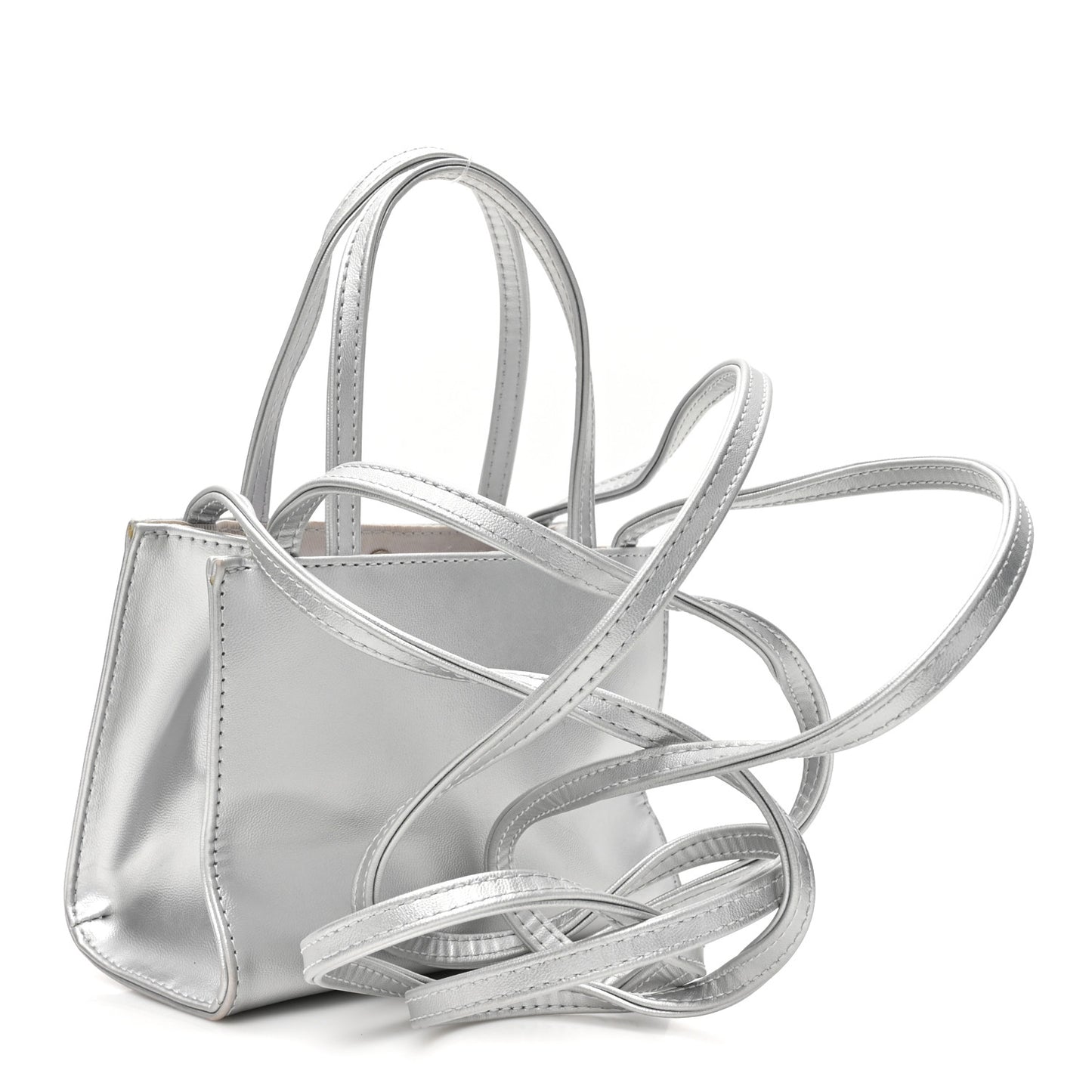 Metallic Vegan Leather Small Shopping Bag Silver