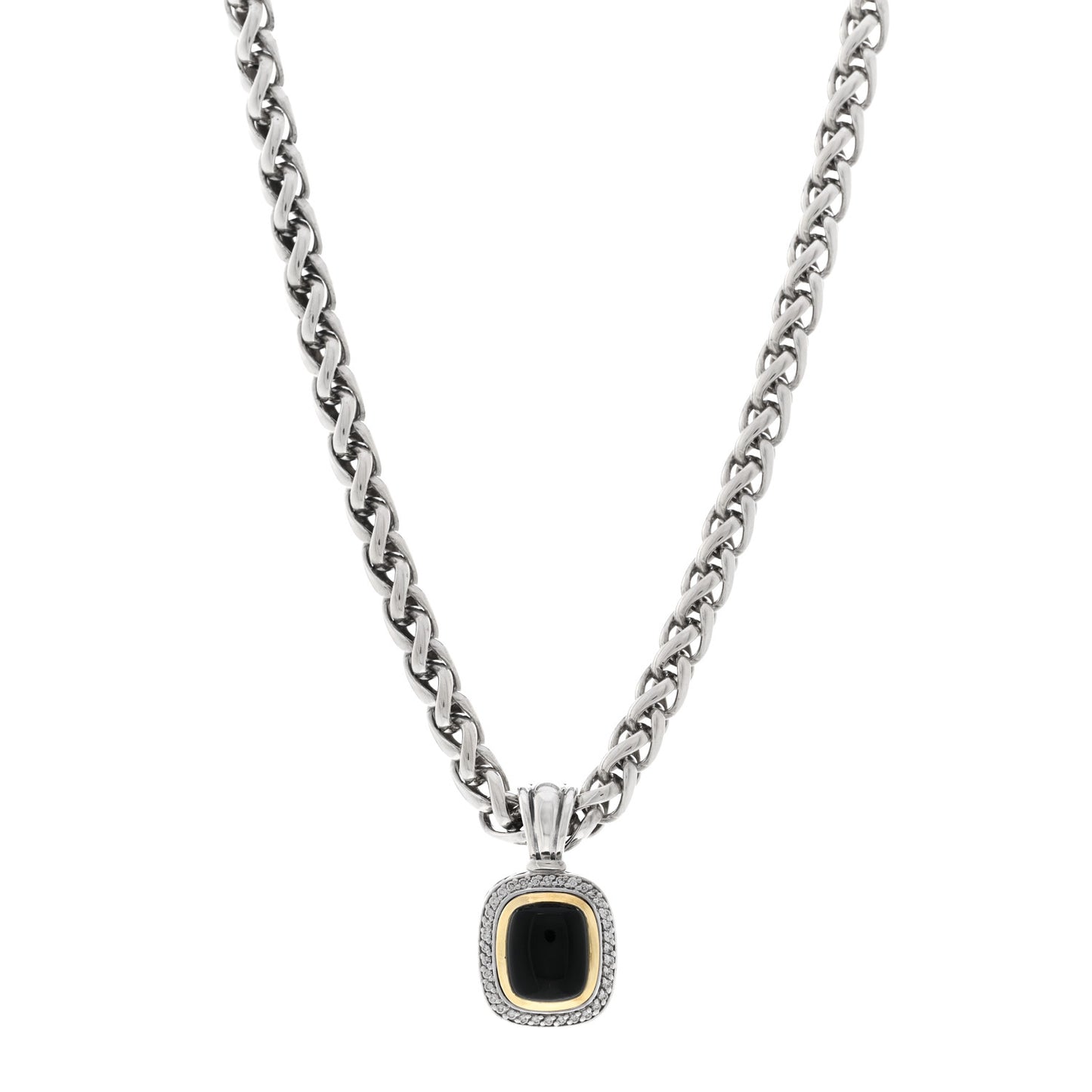 Sterling Silver 18K Yellow Gold Diamond Black Onyx 12mm Albion Enhancer Pendant Wheat Chain Necklace