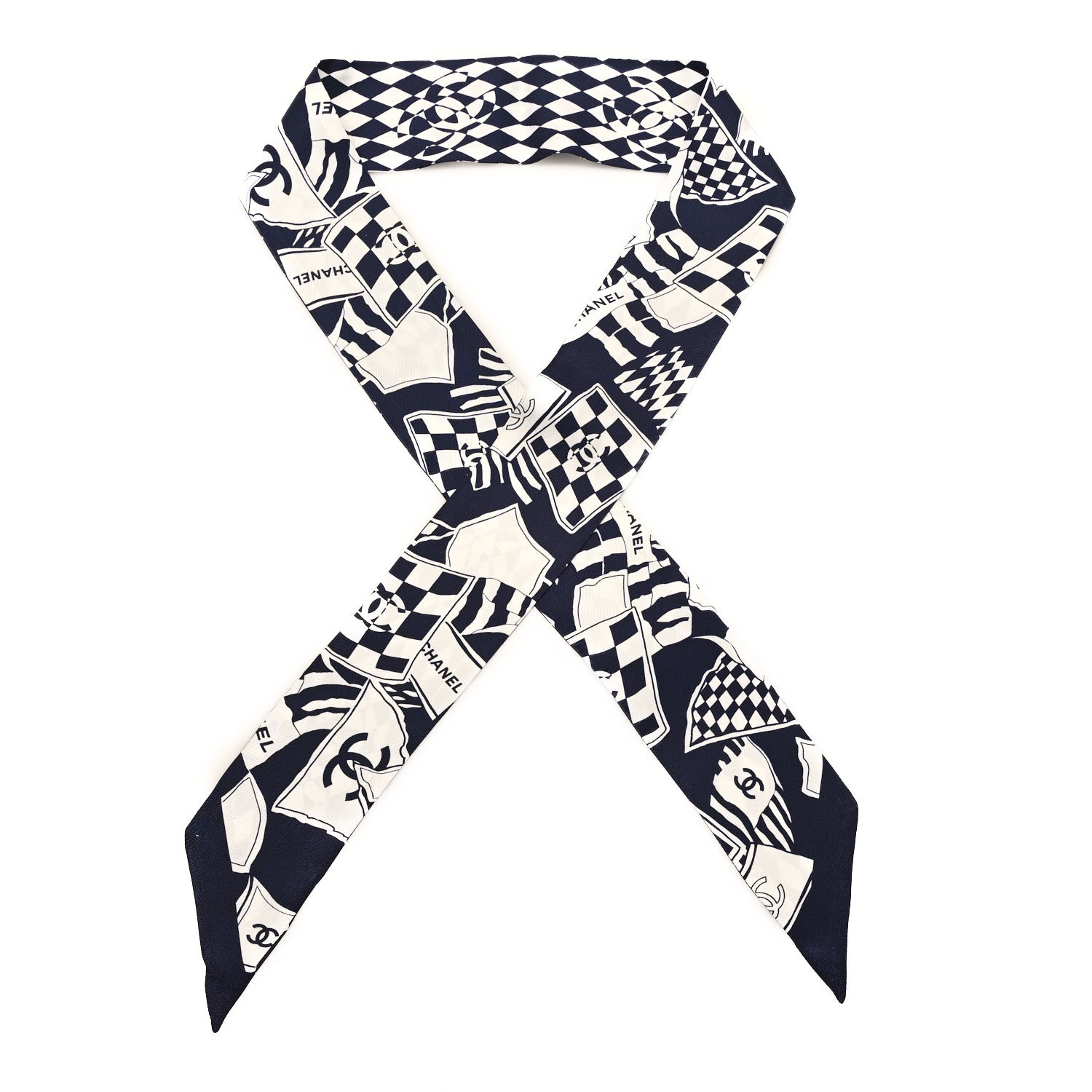Chanel Silk CC Slim Bandeau Scarf Navy Blue White 1704502