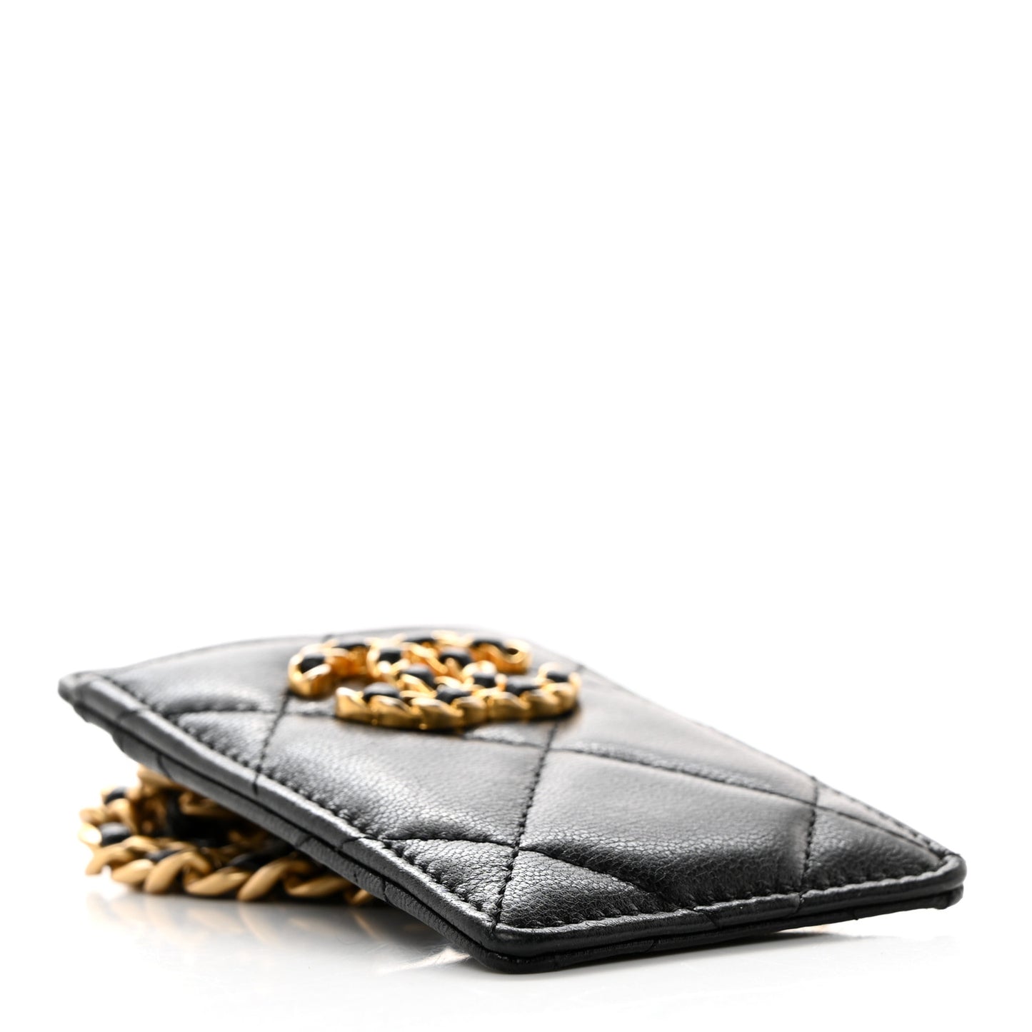 Shiny Goatskin Quilted Chanel 19 Card Holder On Chain Black