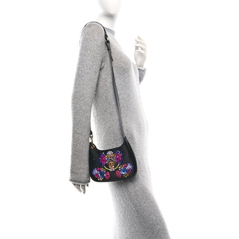 Satin Crystal Embellished La Medusa Mini Hobo Bag Black Multicolor