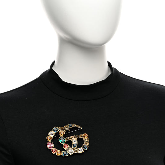 Metal Crystal Double G Brooch Aged Gold Multicolor