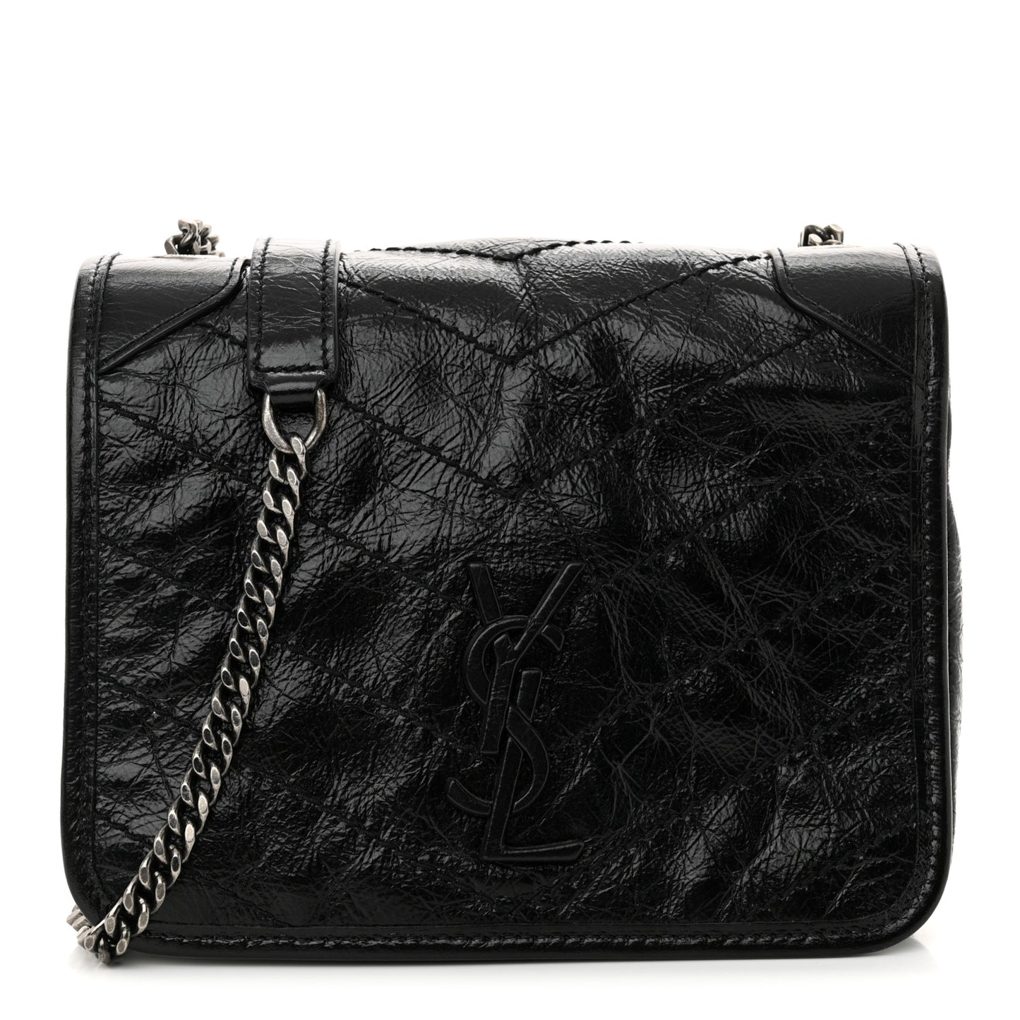 Crinkled Calfskin Matelasse Monogram Niki Chain Wallet Black