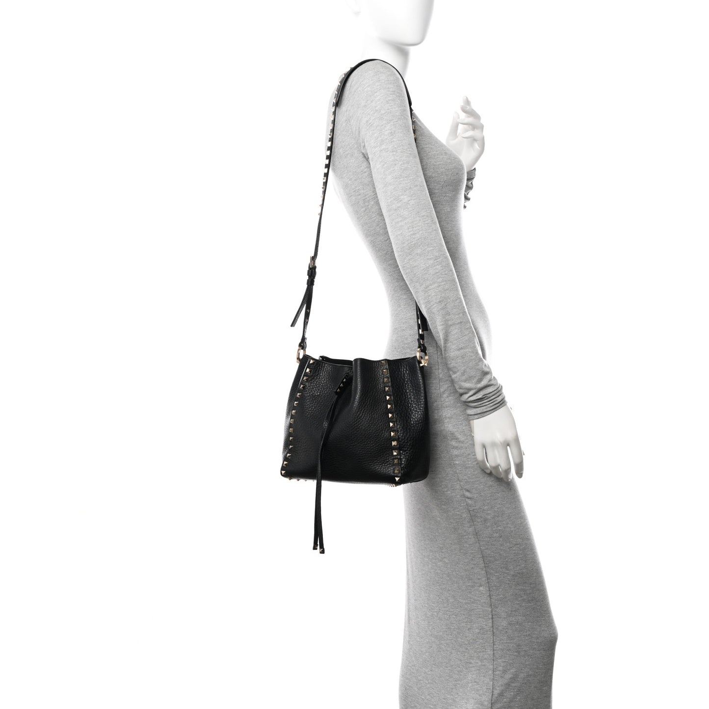 Grained Calfskin Rockstud Bucket Bag Black