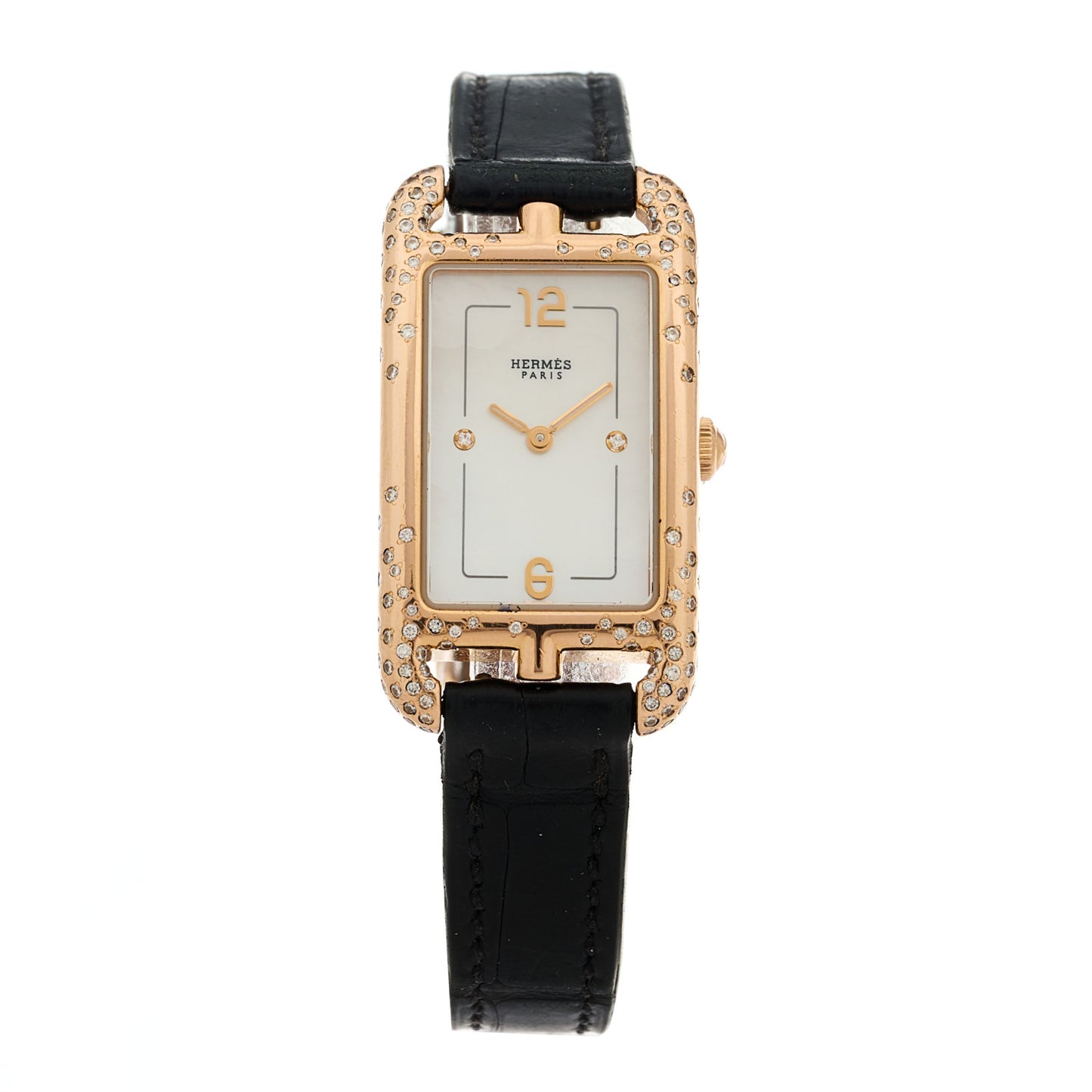 18K Rose Gold Alligator Diamond Mother of Pearl 20mm Nantucket Quartz Watch Noir
