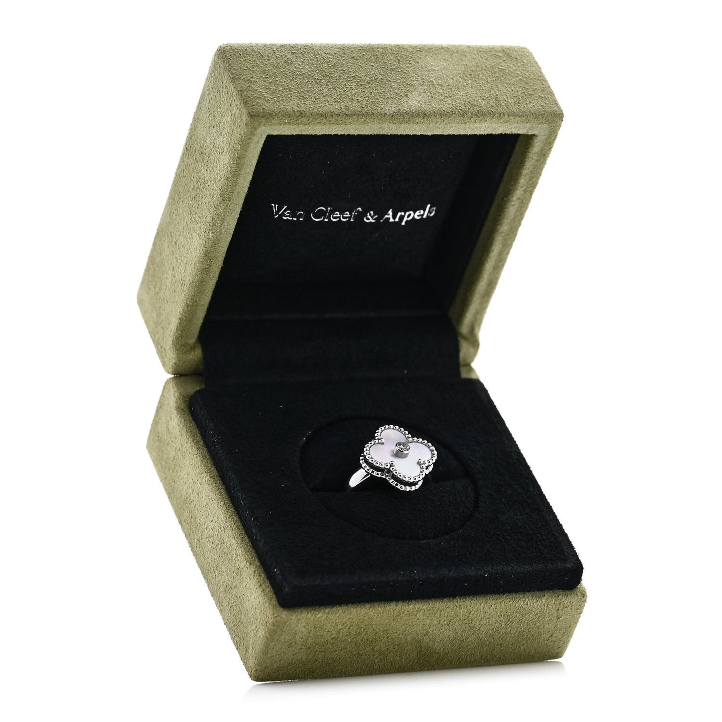 18K White Gold Diamond Mother of Pearl Vintage Alhambra Ring 49 4.75