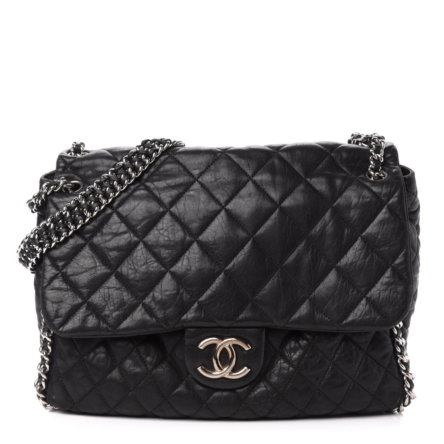 Washed Lambskin Quilted Maxi Chain Around Flap Black