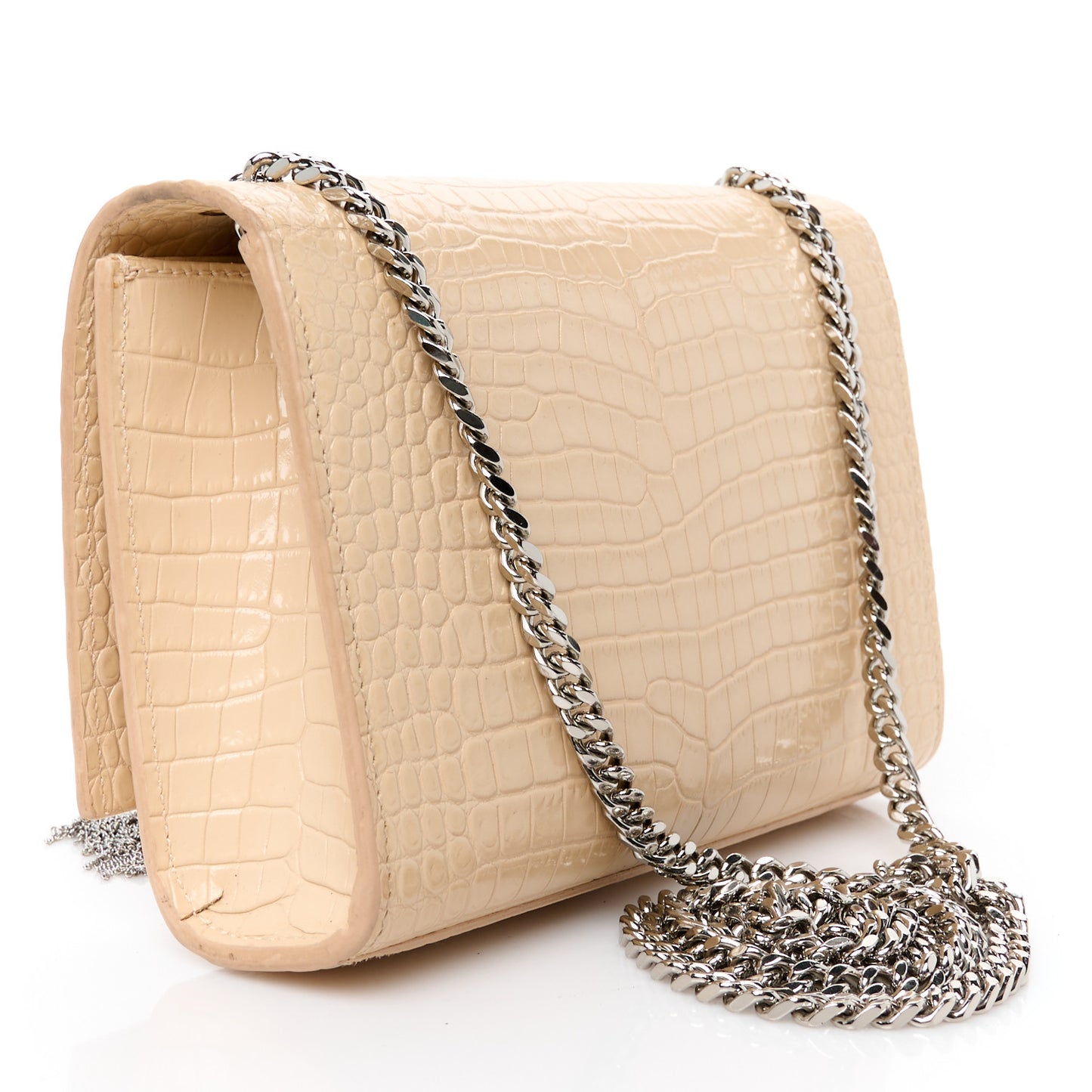 Calfskin Crocodile Embossed Small Classic Monogram Kate Tassel Satchel Nude Powder