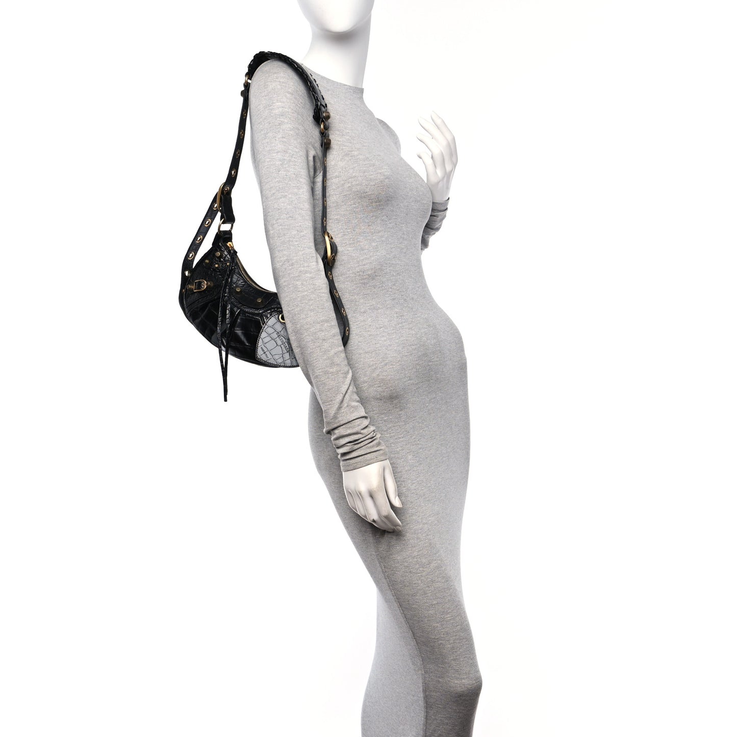 Extra Supple Calfskin Crocodile Embossed Le Cagole Shoulder Bag XS Black