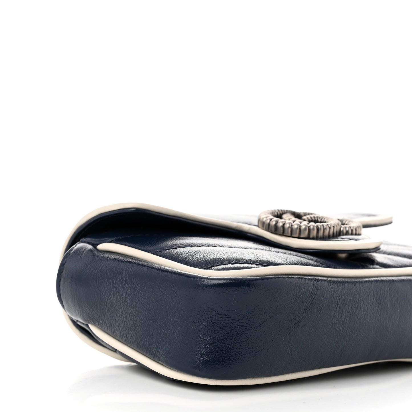 Vintage Effect Calfskin Matelasse Diagonal Super Mini Torchon GG Marmont Shoulder Bag Blue Agata Mystic White