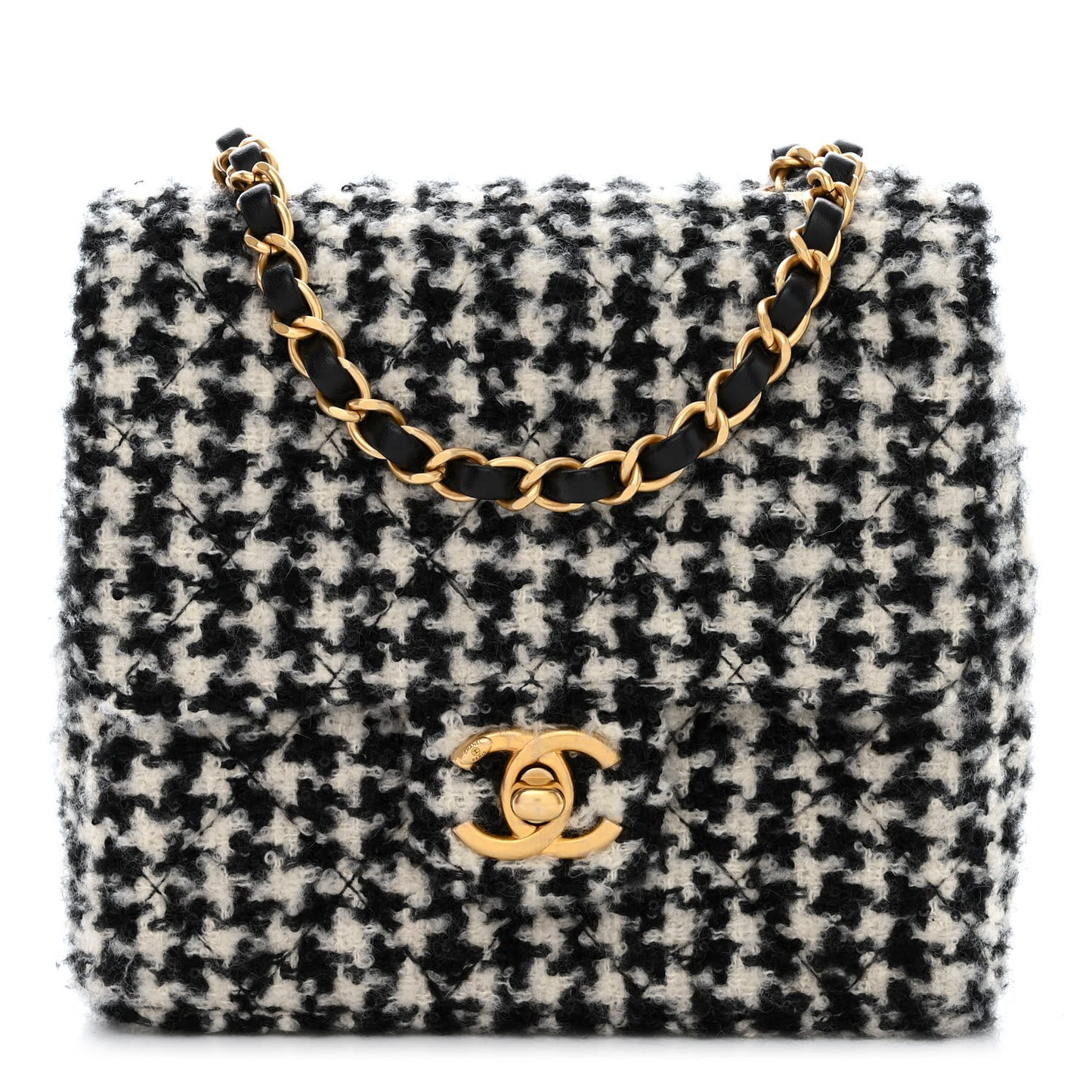 Tweed Houndstooth Quilted Mini Square Flap White Black