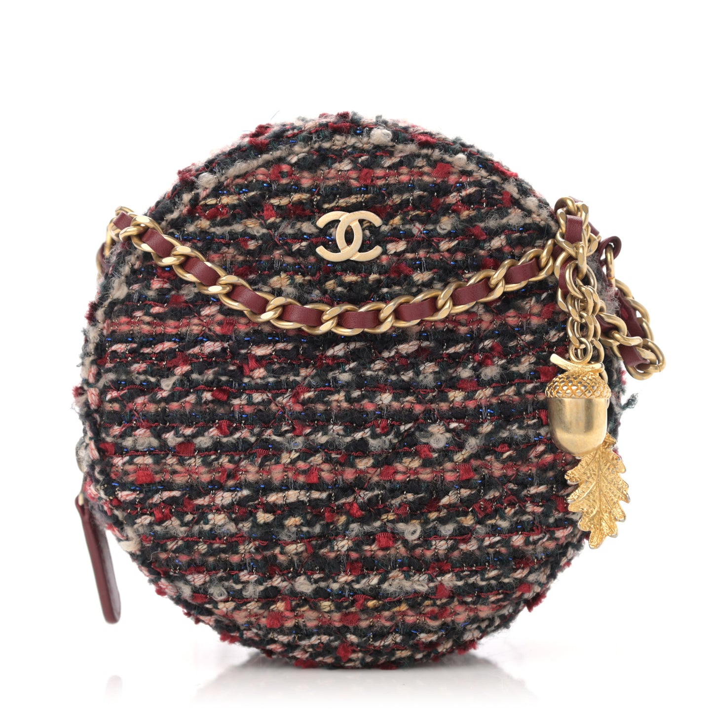 Tweed Quilted Round Clutch With Chain Red