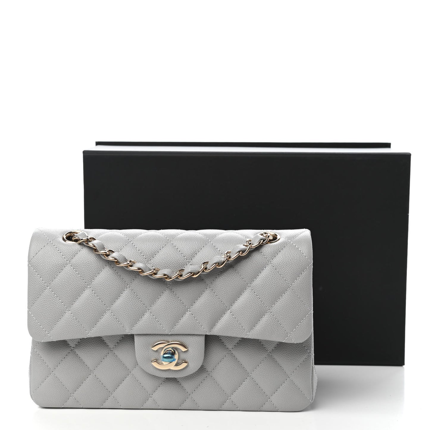 Caviar Quilted Small Double Flap Grey