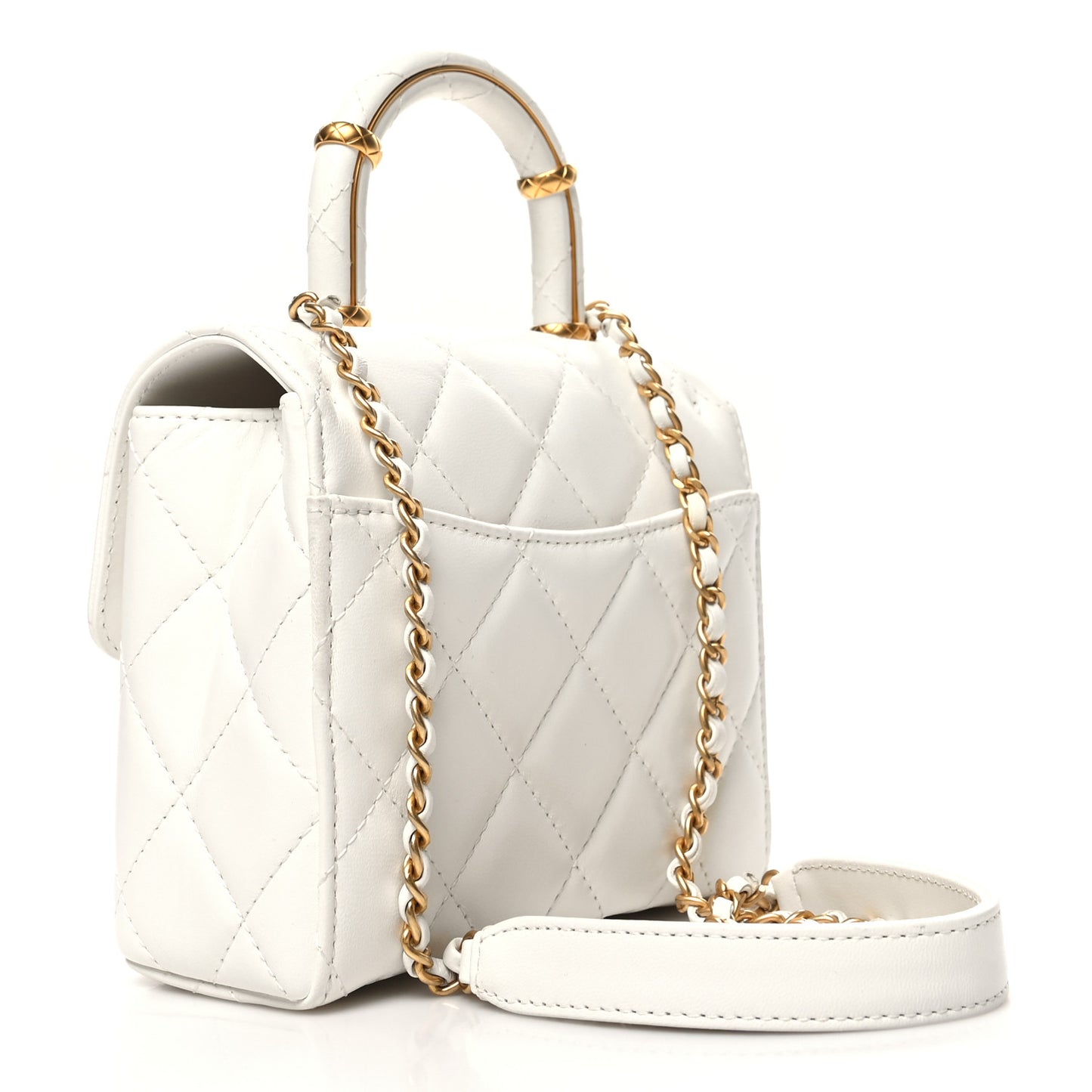 Lambskin Handle Crush Top Handle Flap Bag White
