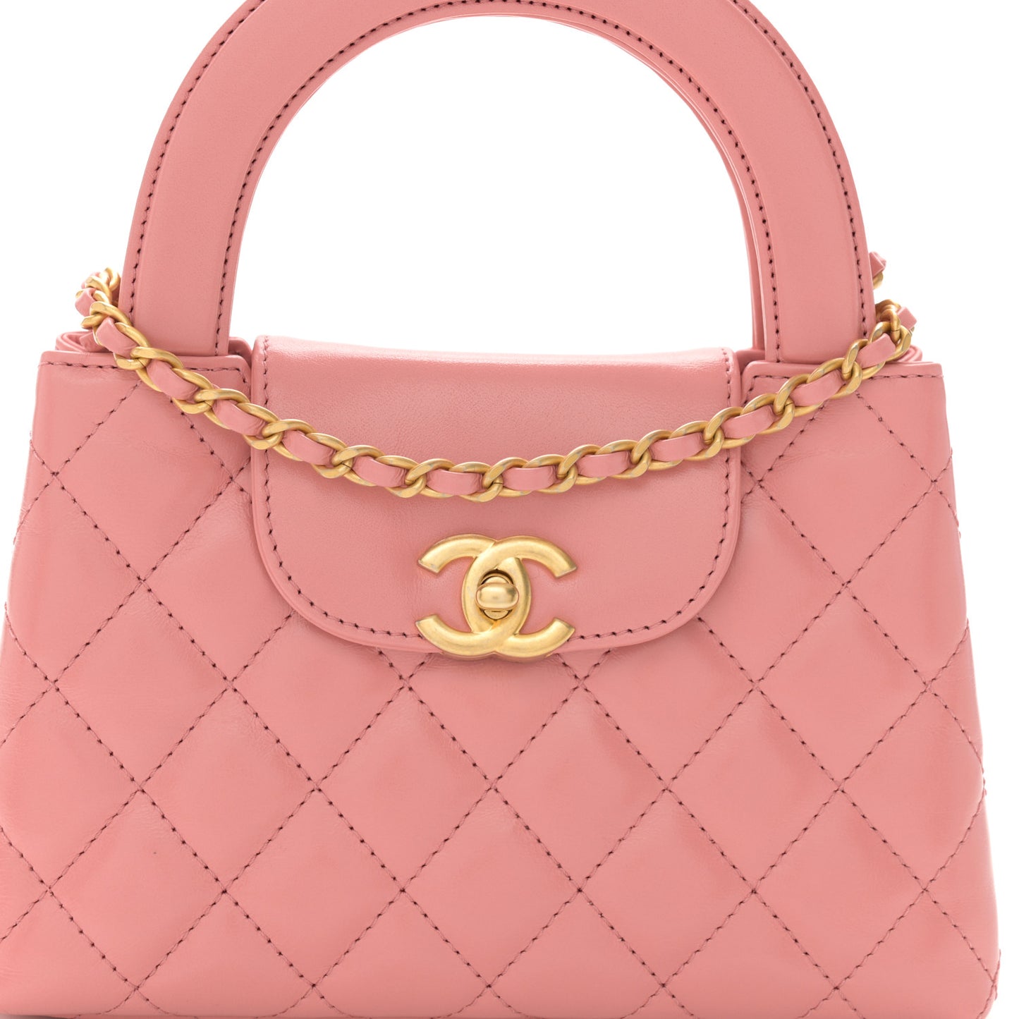 Shiny Aged Calfskin Quilted Nano Kelly Shopper Coral Pink