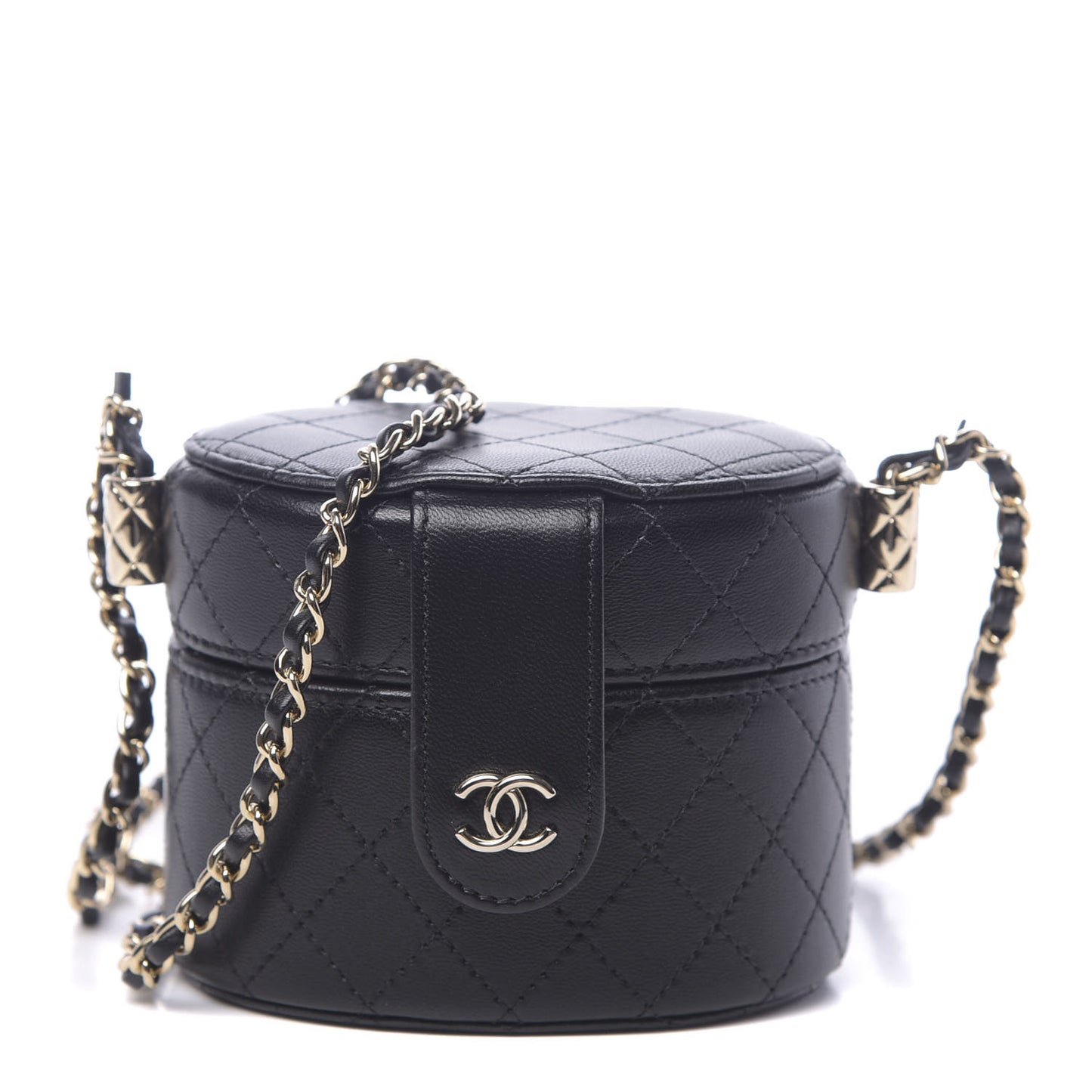 Lambskin Quilted Mini Round Vanity Case With Chain Black