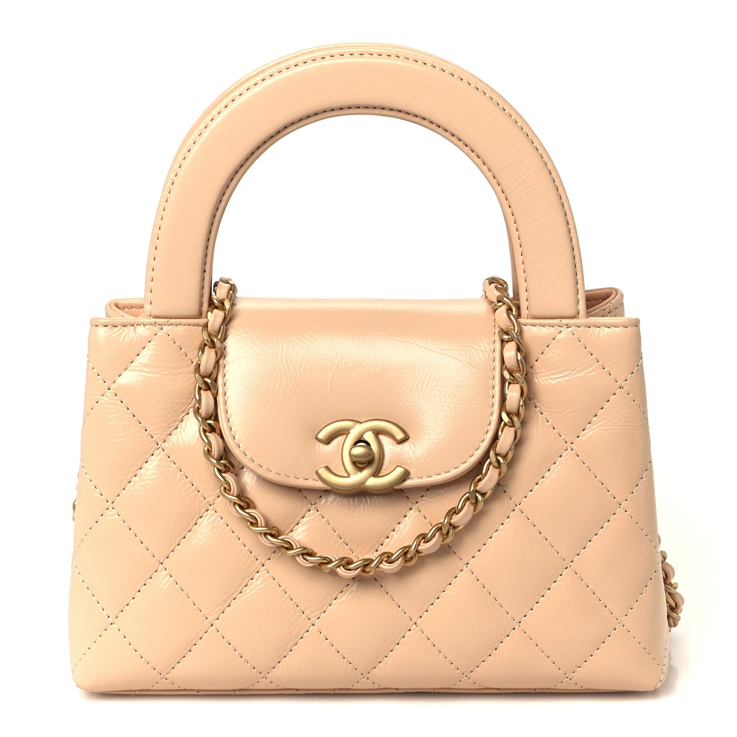 Chanel Shiny Aged Calfskin Quilted Nano Kelly Shopper Beige