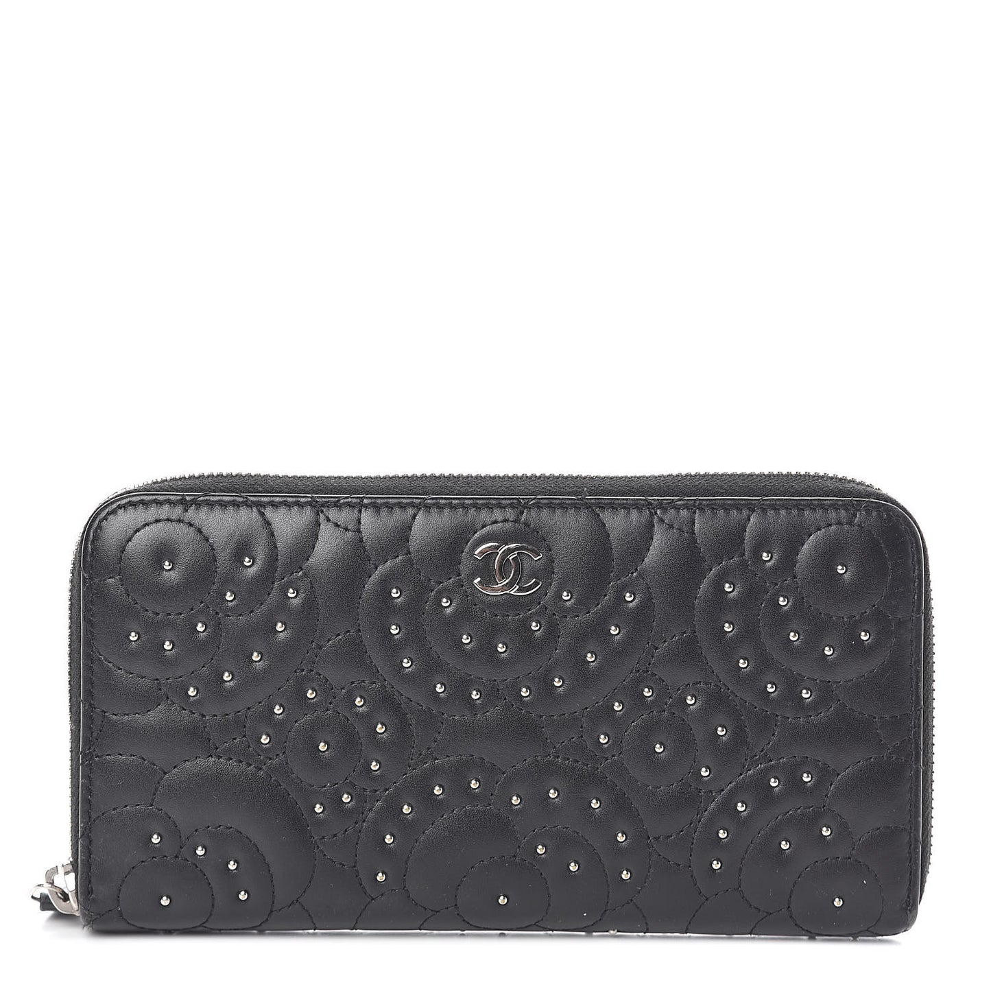 Lambskin Camellia Studded Large Gusset Zip Around Wallet Black