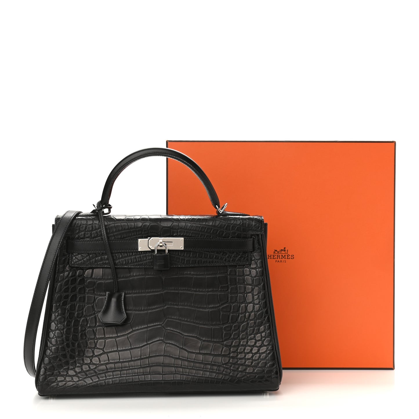 Matte Alligator Taurillon Clemence Box Kelly Retourne 32 Black