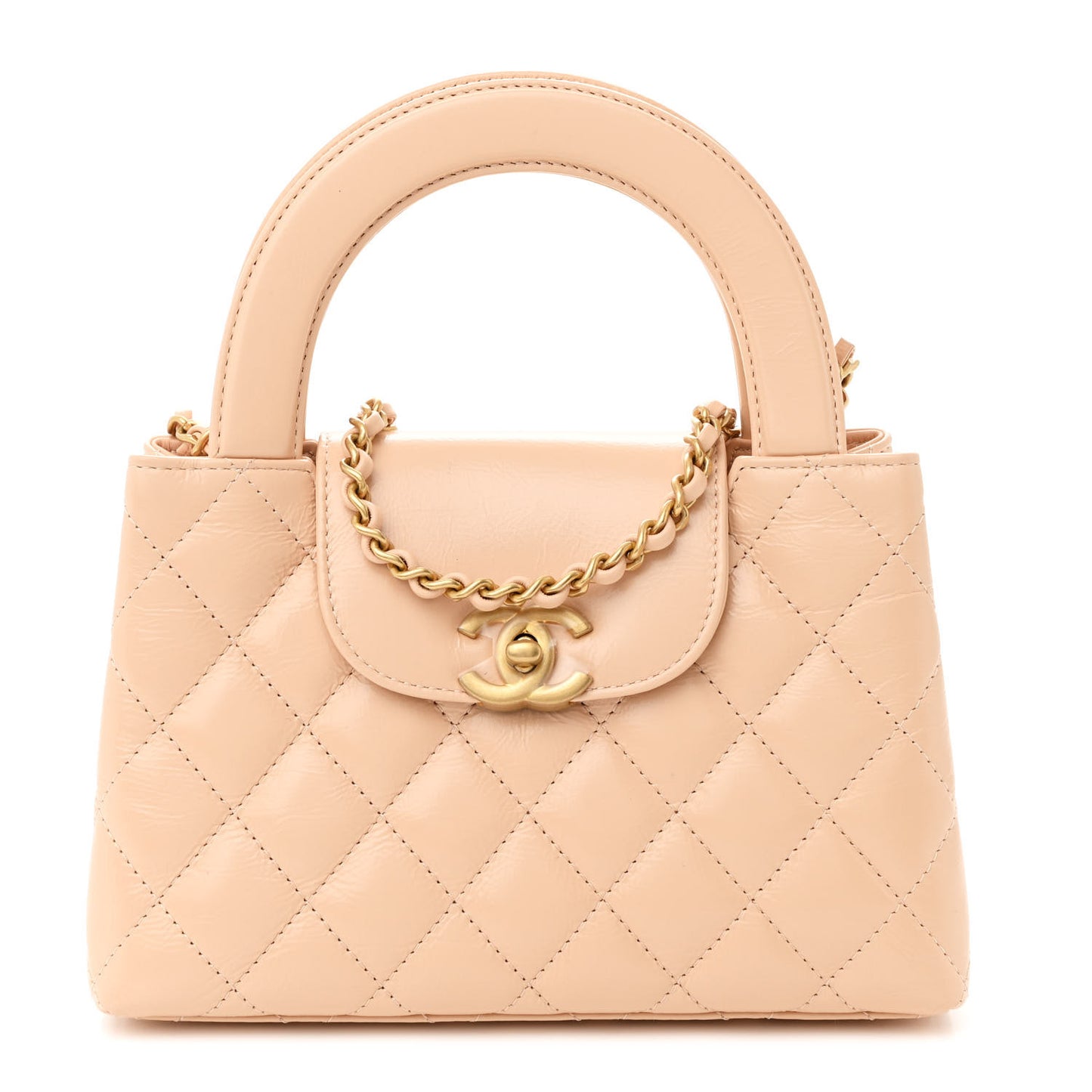 Shiny Aged Calfskin Quilted Nano Kelly Shopper Beige