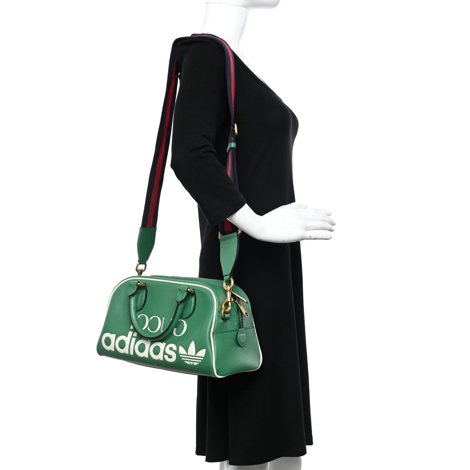 Gucci X ADIDAS Textured Dollar Calfskin Web Trefoil Logo Embossed Mini Bowling Bag New Shamarock Off White 2 of 13