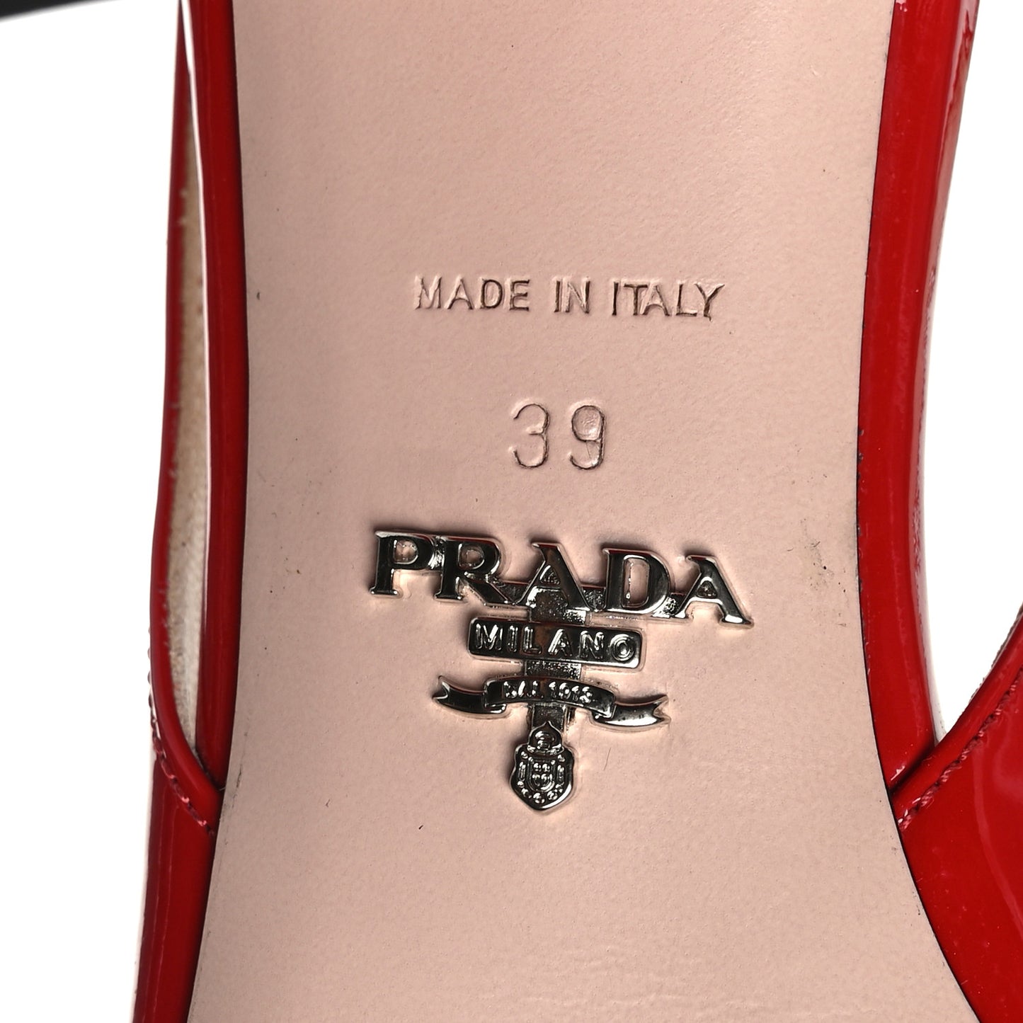 Patent Metal Triangle Logo Block Heel 75mm Slingback Pumps 39 Red