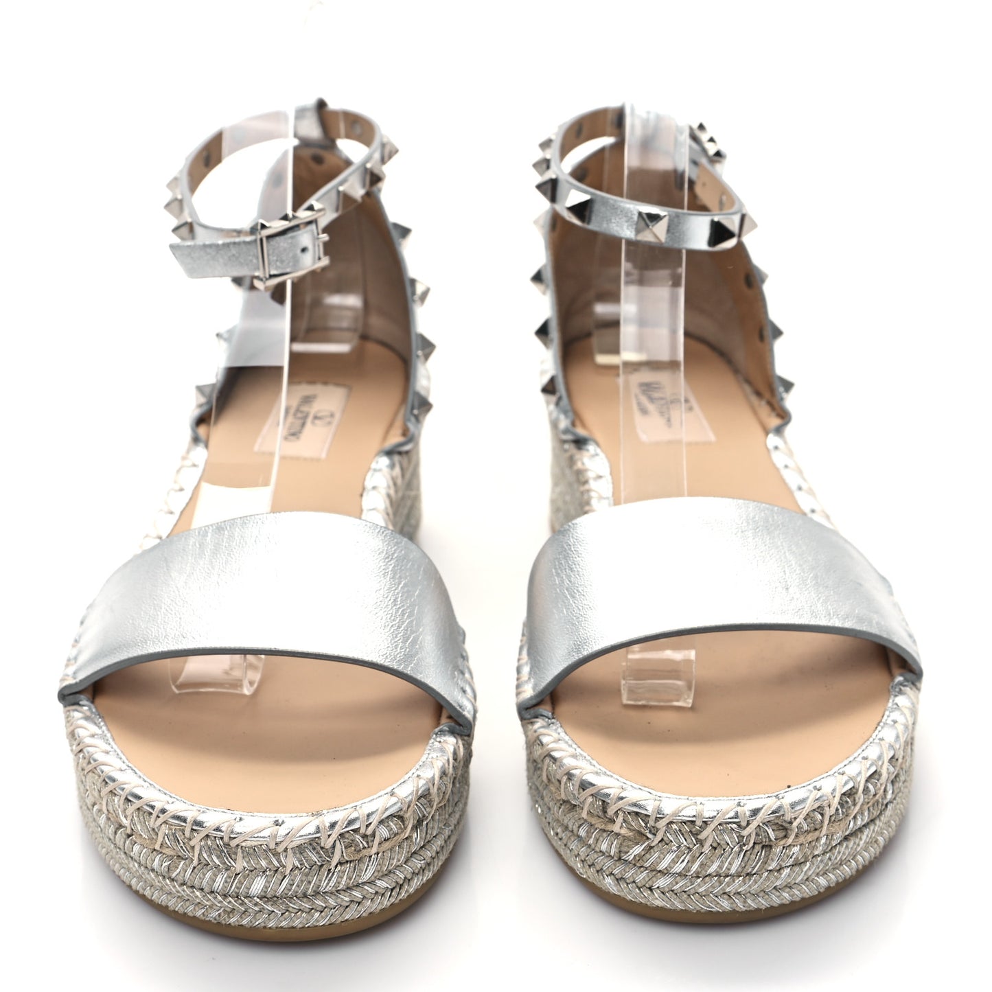 Metallic Grained Calfskin Rockstud Ankle Wrap Espadrille Flatform Sandals 40 Silver