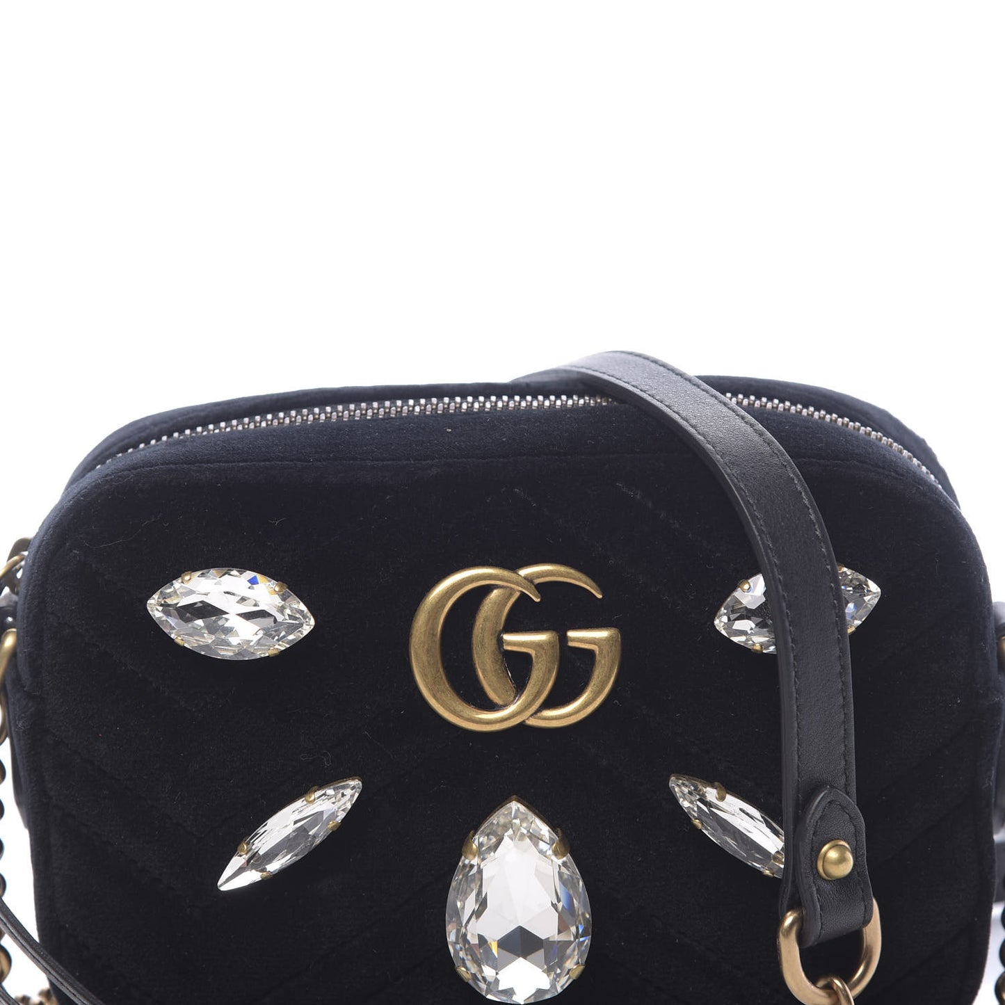 Velvet Matelasse Marquise Crystals Mini GG Marmont Chain Shoulder Bag Black