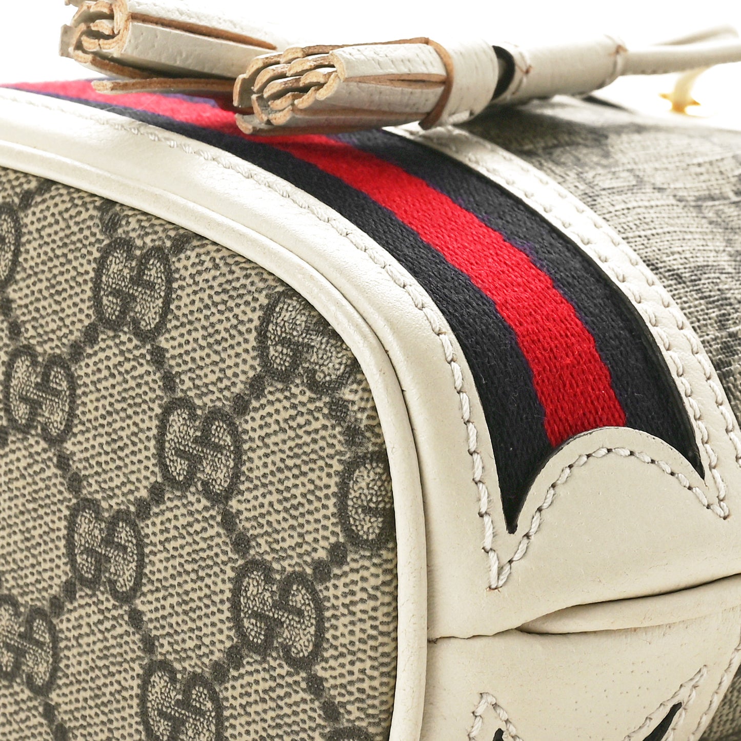 GG Supreme Monogram Textured Calfskin Web Mini Ophidia Bucket Bag Beige Ebony Mystic White