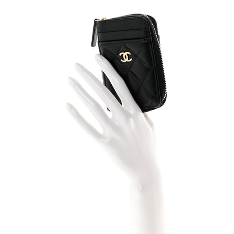 Lambskin Quilted Zip Card Holder Black