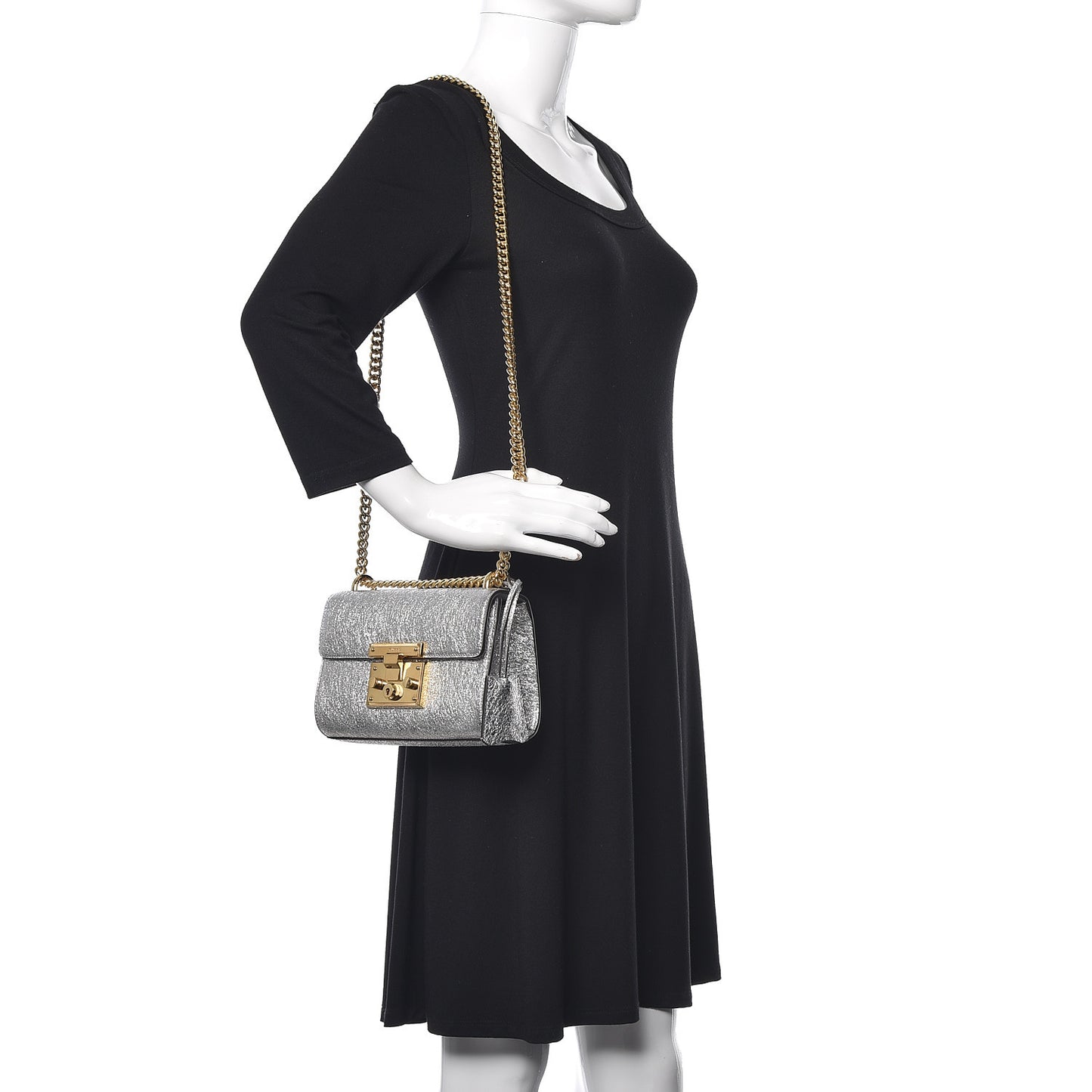 Metallic Goatskin Small Padlock Shoulder Bag Argento