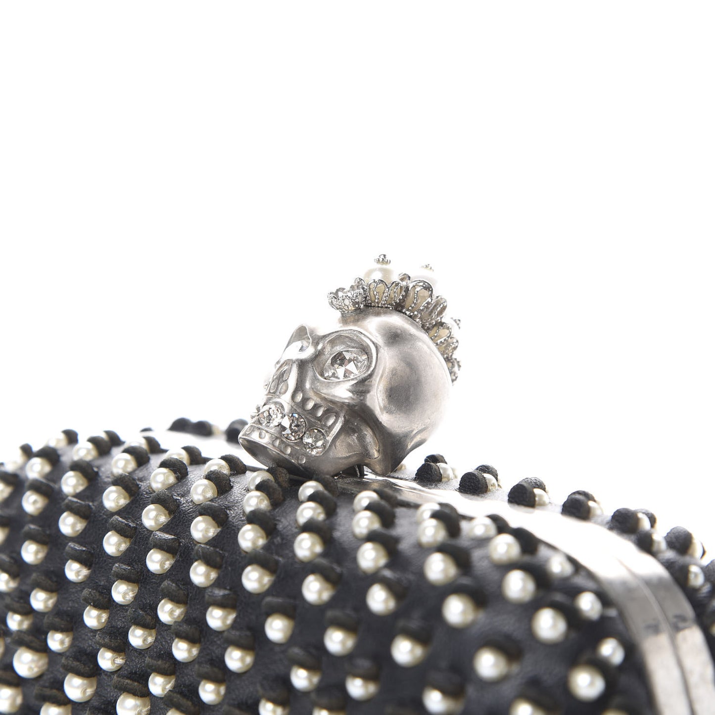 Pearl Embellished Calfskin Skull Box Clutch Black