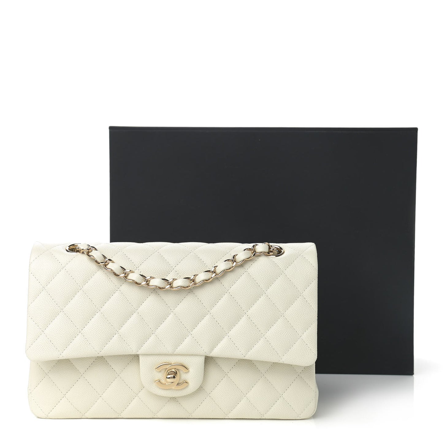 Caviar Quilted Medium Double Flap White