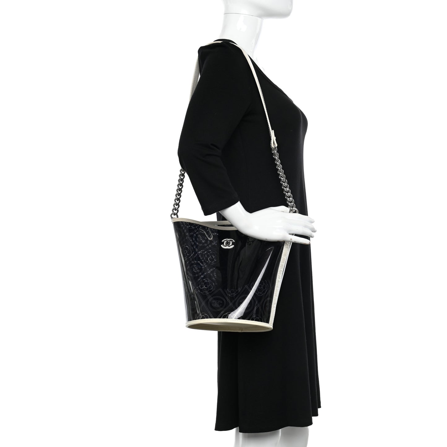 Crumpled Calfskin PVC Camellia Coco Bucket Bag Black White
