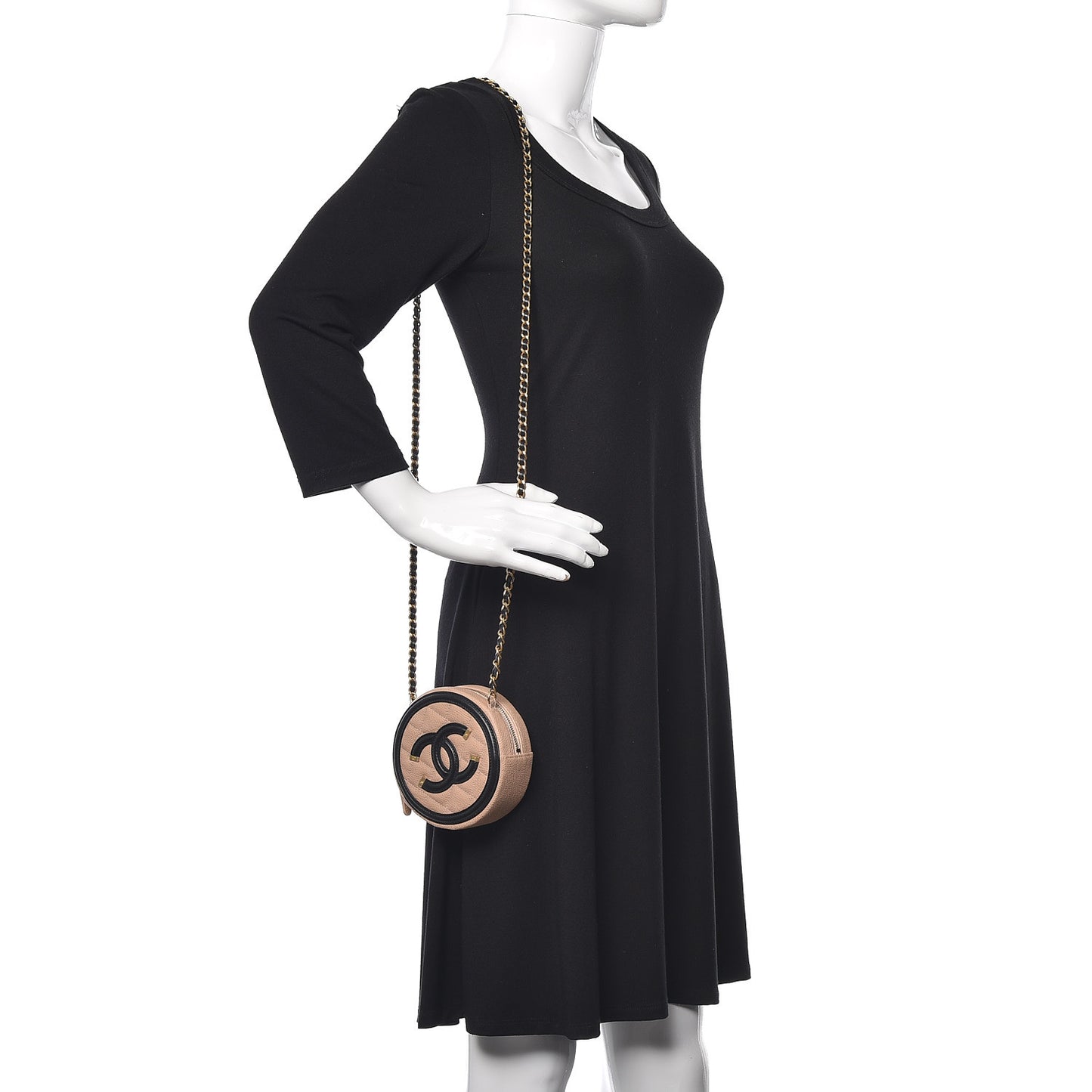 Caviar Quilted Round Filigree Crossbody Beige Black