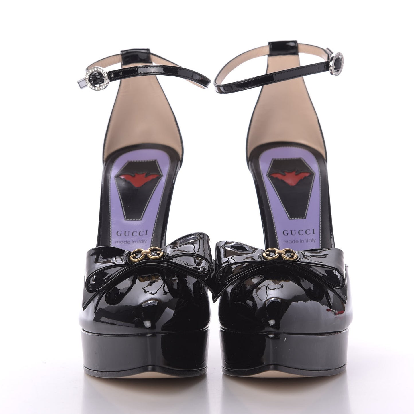 Patent Crystal GG Bow Sadie Spike Ankle Strap d'Orsay Platform High Heel Pumps 36.5 Black