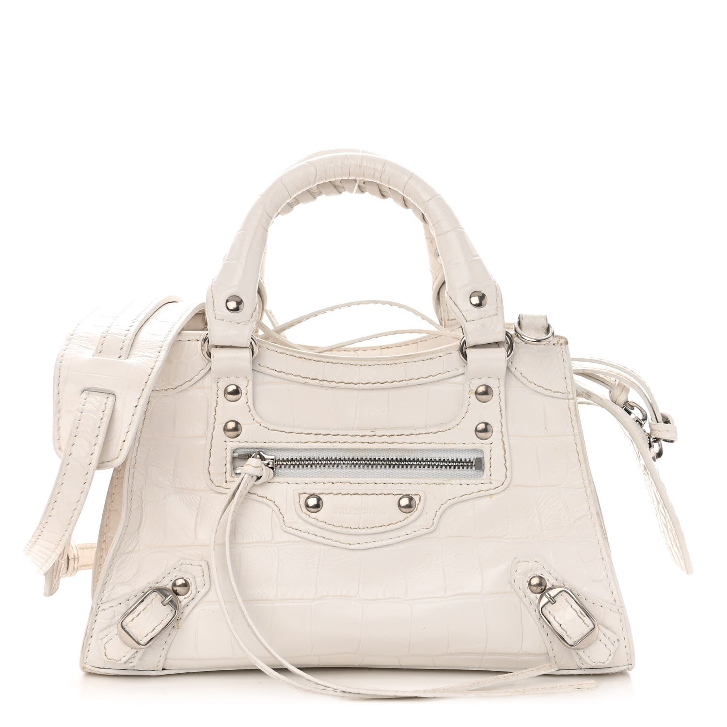 Balenciaga Extra Supple Calfskin Crocodile Embossed Neo Classic Silver Hardware Mini City White 1 of 12