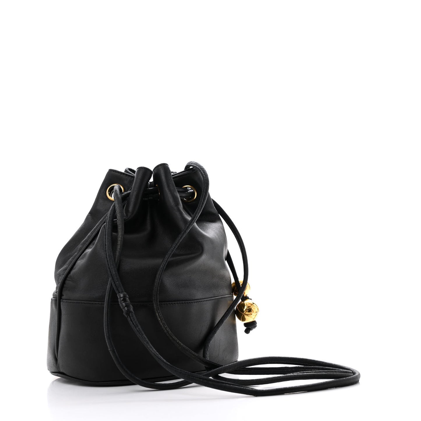 Lambskin CC Stitched Drawstring Bucket Bag Black