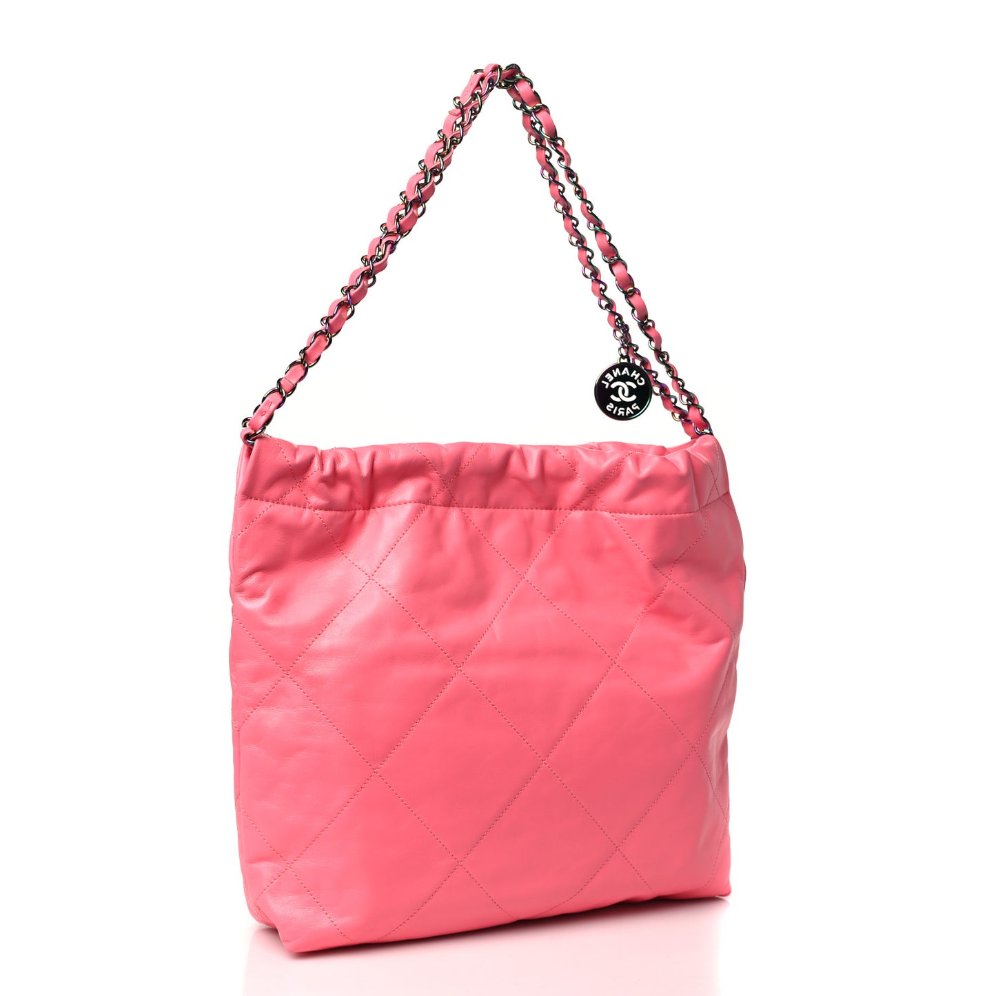 Shiny Calfskin Quilted Small Rainbow Metal Chanel 22 Coral Pink