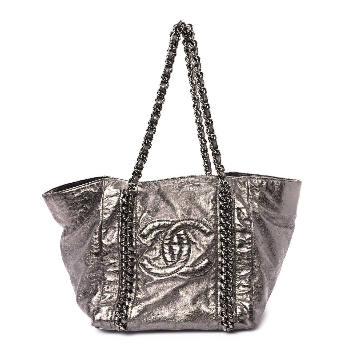 Chanel Metallic Cracked Calfskin Modern Chain Tote Dark Silver